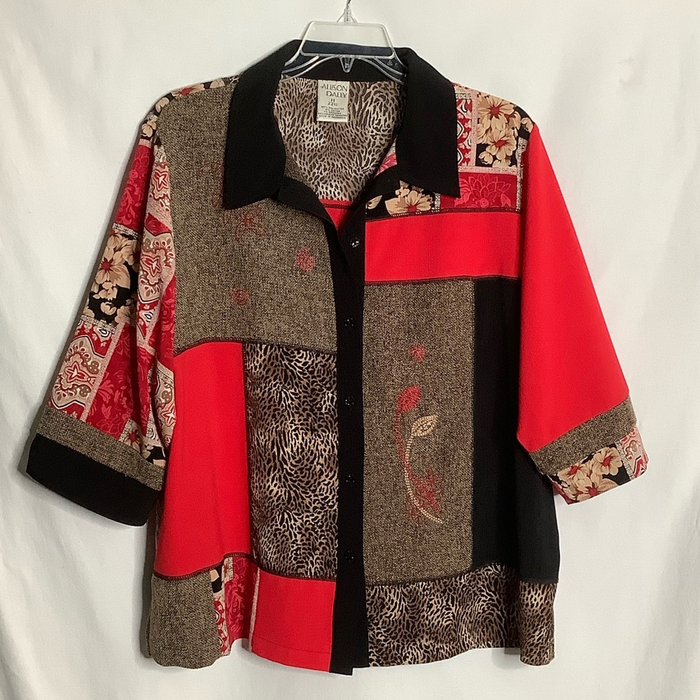 Red Leopard Print Mixed Media Blouse Size 22W Artsy Lagenlook